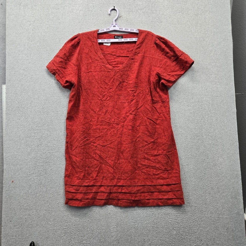 Nicole Miller Women Dress XXL Red Linen Viscose Shirt Floral Pleated V-Neck